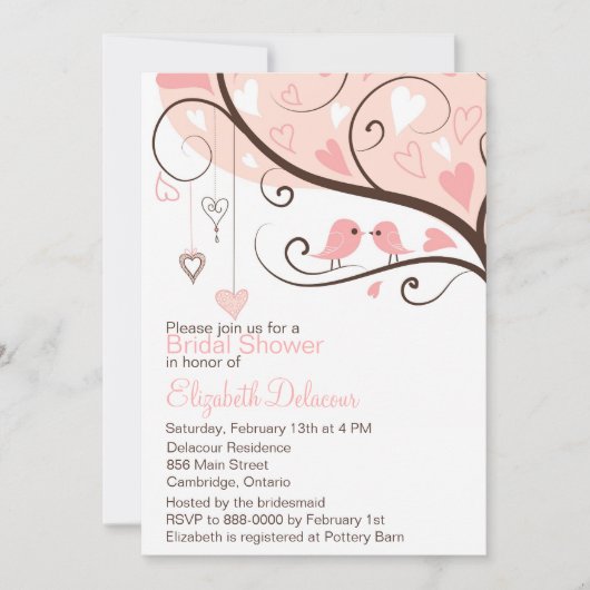 Cute roze Tortelduifjes Bridal Shower Invitation Kaart (Voorkant)
