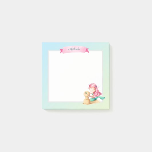 Cute Roze Turquoise Meermin Gepersonaliseerd Post-it® Notes (Voorkant)