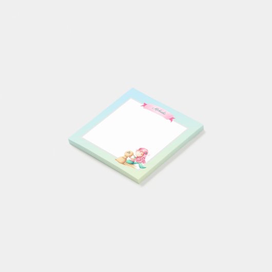 Cute Roze Turquoise Meermin Gepersonaliseerd Post-it® Notes (Schuin)