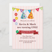 Cute roze Twin Boys Birthday Party Invitations Kaart (Voorkant / Achterkant)