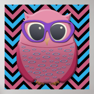 Cute Roze Uil met Bril op Chevron Poster