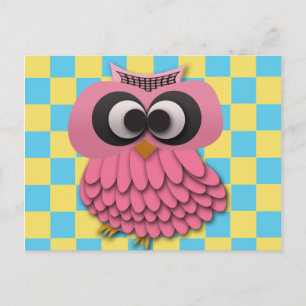 Cute Roze Uil op Blauw en Geel Geruit Briefkaart