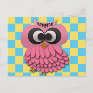 Cute Roze Uil op Blauw en Geel Geruit Briefkaart
