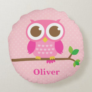 Cute Roze Uil op Tak Meisjeskamer Decoratie Rond Kussen