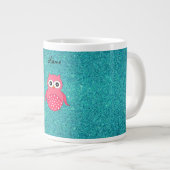 Cute roze uil turquoise glitter grote koffiekop (Voorkant rechts)
