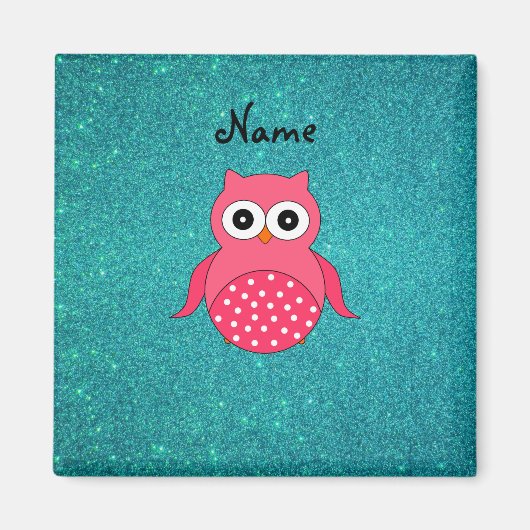 Cute roze uil turquoise glitter magneet (Voorkant)