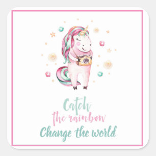 Cute roze Unicorn met camera-Inspirerend Vierkante Sticker