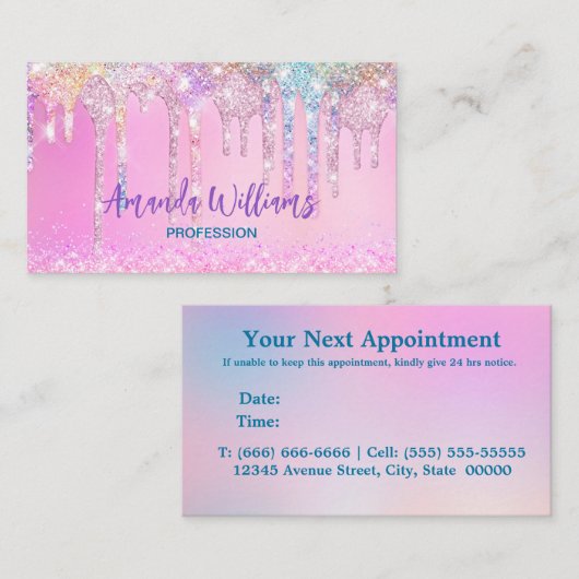 Cute Roze Unicorn Rainbow Glitter Drivers Afsprakenkaartje (Voorkant / Achterkant)