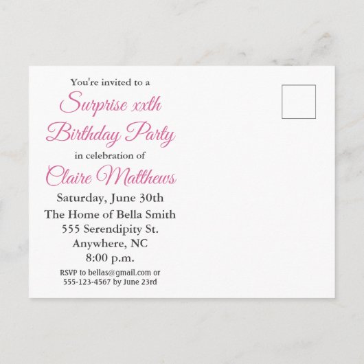 Cute roze verrassingsfeest op feestdag uitnodiging briefkaart (Achterkant)