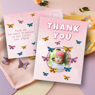 Cute Roze Vlinder Dank je Verjaardag Foto Briefkaart