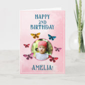 Cute Roze Vlinder Meisje Verjaardagsfeestje Foto Kaart (Voorkant)