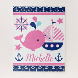 Cute roze walvis en ankers patroon met nautisch th legpuzzel