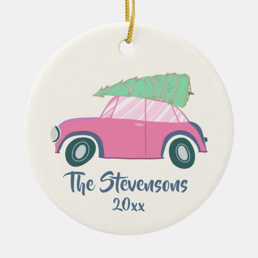 Cute roze Waterverf Auto Xmas - aangepaste structu Keramisch Ornament (Voorkant)
