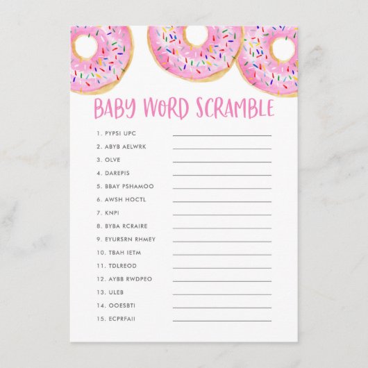 Cute roze Waterverf Donuts Baby Word Scramble Informatiekaartje (Voorkant)