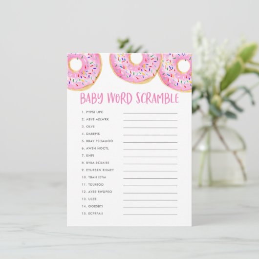 Cute roze Waterverf Donuts Baby Word Scramble Informatiekaartje (Staand voorkant)