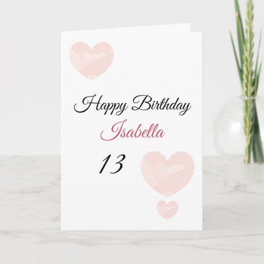 Cute roze Waterverf Geschilderde harten 13e verjaa Kaart (Voorkant)
