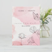 Cute roze Waterverf Line Flower Butterfly Wedding Save The Date (Staand voorkant)