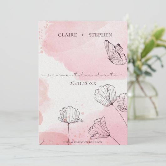 Cute roze Waterverf Line Flower Butterfly Wedding Save The Date (Staand voorkant)