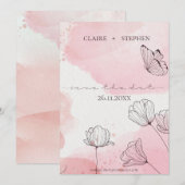 Cute roze Waterverf Line Flower Butterfly Wedding Save The Date (Voorkant / Achterkant)