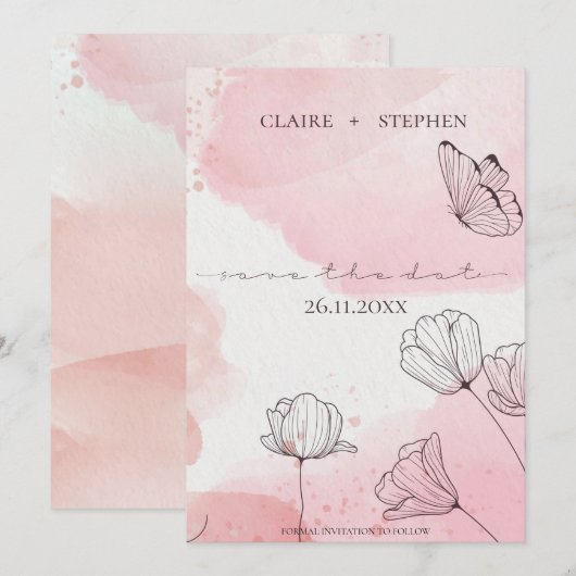 Cute roze Waterverf Line Flower Butterfly Wedding Save The Date (Voorkant / Achterkant)