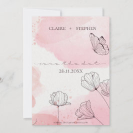 Cute roze Waterverf Line Flower Butterfly Wedding Save The Date