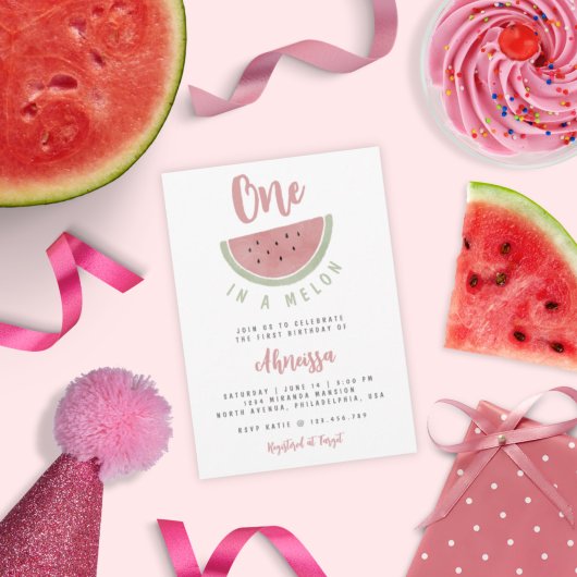 Cute roze Waterverf One in een Melon First Birthda Kaart