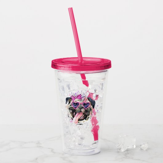 Cute roze Waterverf Pug Acryl Drinkbeker (Voorkant ijs)