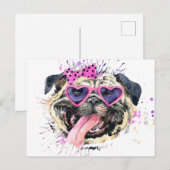 Cute roze Waterverf Pug Briefkaart (Voorkant / Achterkant)