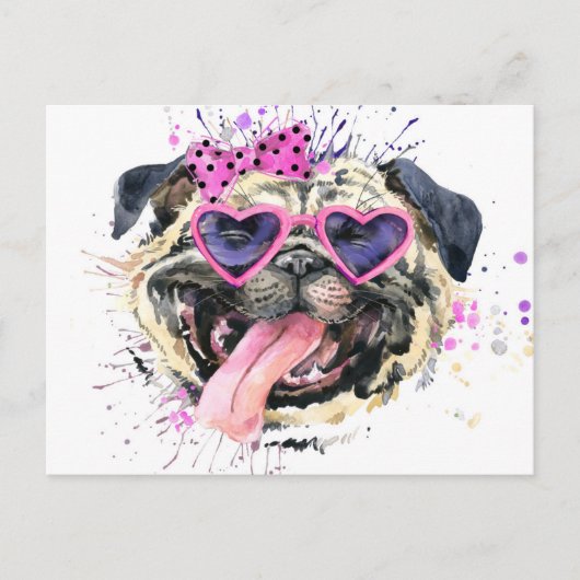Cute roze Waterverf Pug Briefkaart (Voorkant)