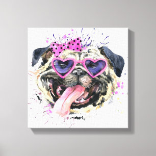 Cute roze Waterverf Pug Canvas Afdruk