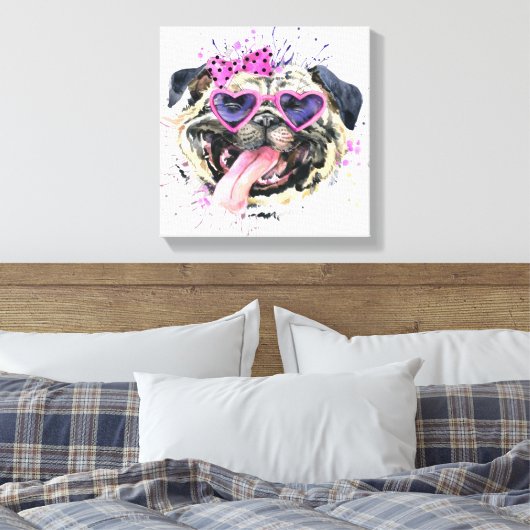 Cute roze Waterverf Pug Canvas Afdruk (Insitu (Slaapkamer))