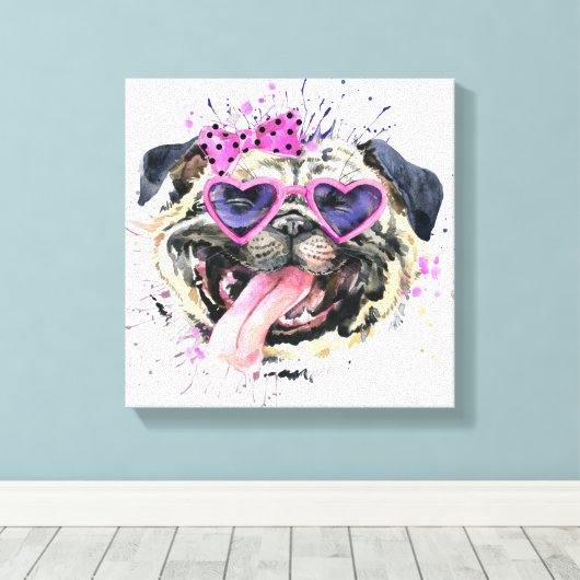 Cute roze Waterverf Pug Canvas Afdruk (Insitu (Houten vloer))