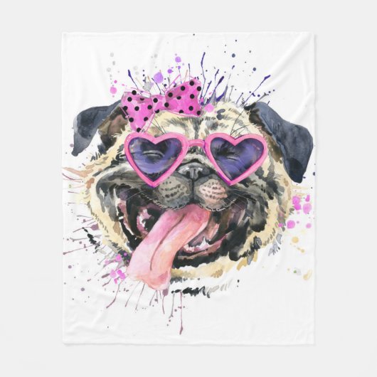 Cute roze Waterverf Pug Fleece Deken (Voorkant)