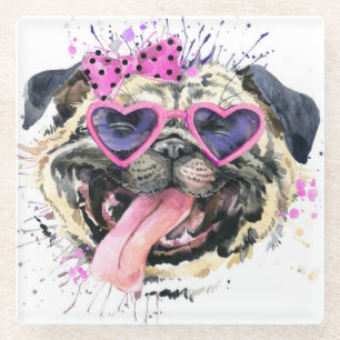 Cute roze Waterverf Pug Glazen Onderzetter