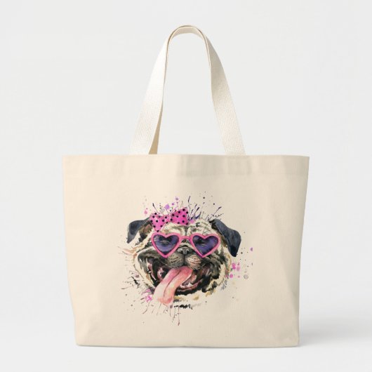 Cute roze Waterverf Pug Grote Tote Bag (Voorkant)
