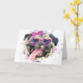 Cute roze Waterverf Pug Kaart (Gele Bloem)