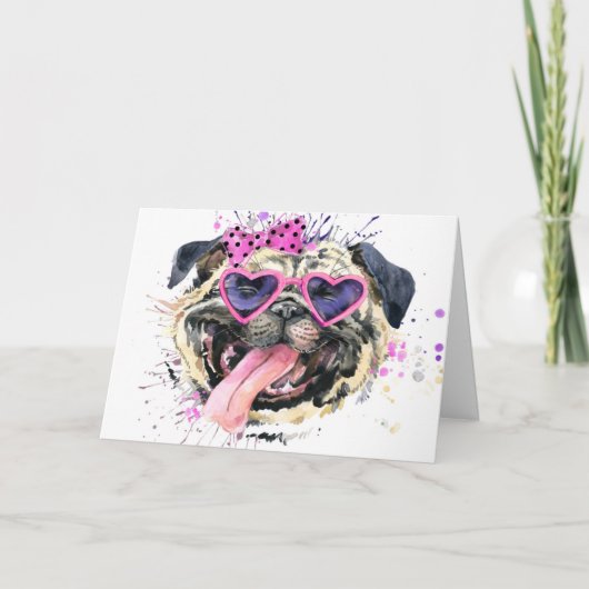 Cute roze Waterverf Pug Kaart (Voorkant)