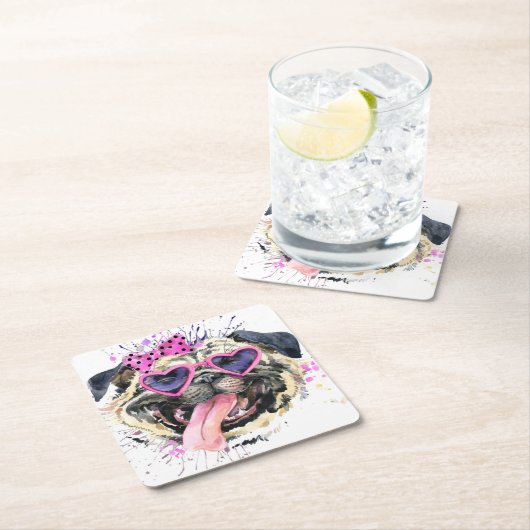 Cute roze Waterverf Pug Kartonnen Onderzetters (Insitu)