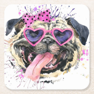Cute roze Waterverf Pug Kartonnen Onderzetters