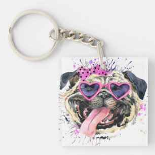Cute roze Waterverf Pug Sleutelhanger