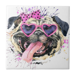 Cute roze Waterverf Pug Tegeltje