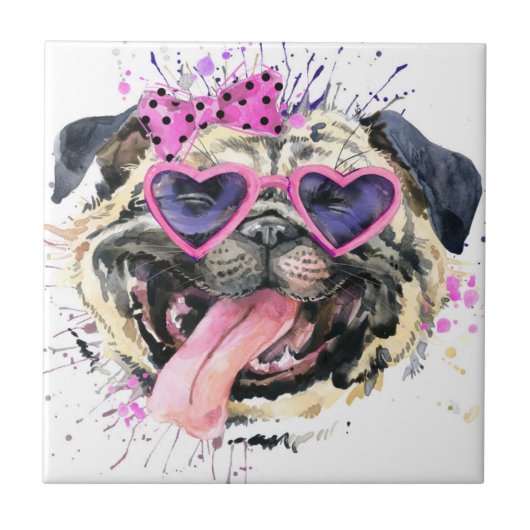Cute roze Waterverf Pug Tegeltje (Voorkant)