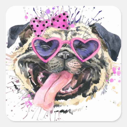 Cute roze Waterverf Pug Vierkante Sticker (Voorkant)