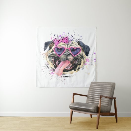 Cute roze Waterverf Pug Wandkleed (In situ)