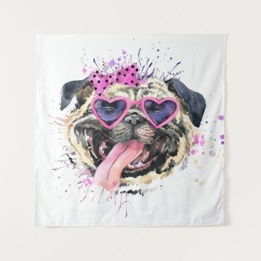 Cute roze Waterverf Pug Wandkleed (Voorkant)