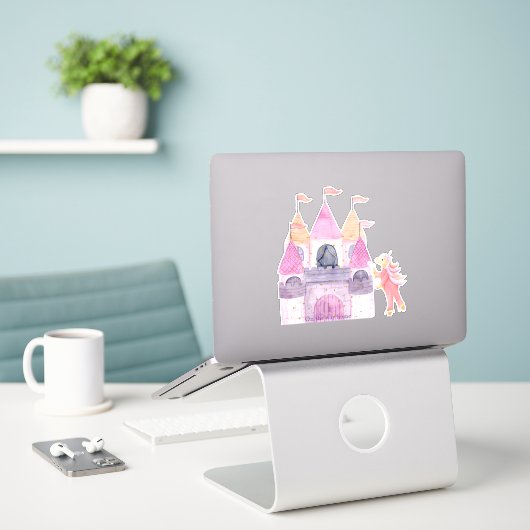 Cute roze Waterverf Unicorn Sticker (Laptop op bureau)