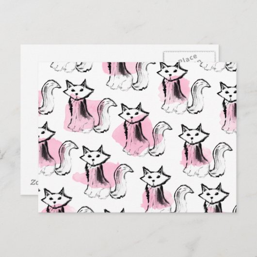 Cute roze waterverf zwarte borsteldruppels kattent briefkaart (Voorkant / Achterkant)