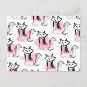 Cute roze waterverf zwarte borsteldruppels kattent briefkaart (Voorkant)
