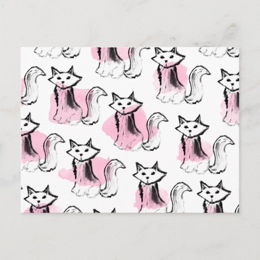 Cute roze waterverf zwarte borsteldruppels kattent briefkaart (Voorkant)
