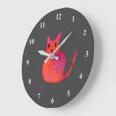 Cute roze whimsical cat waterverf illustratie grote klok (Hoek)